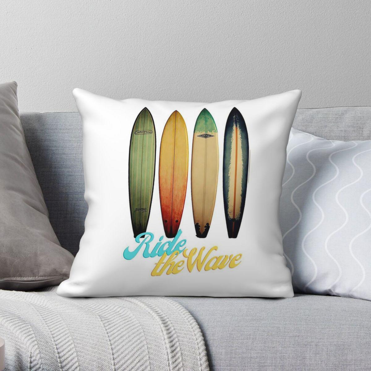Green Harvest Unisex Surfboards Ride The Wave Square Pillowcase Polyester Linen Velvet Pattern Zip Decorative Sofa Seater Cushion Cover