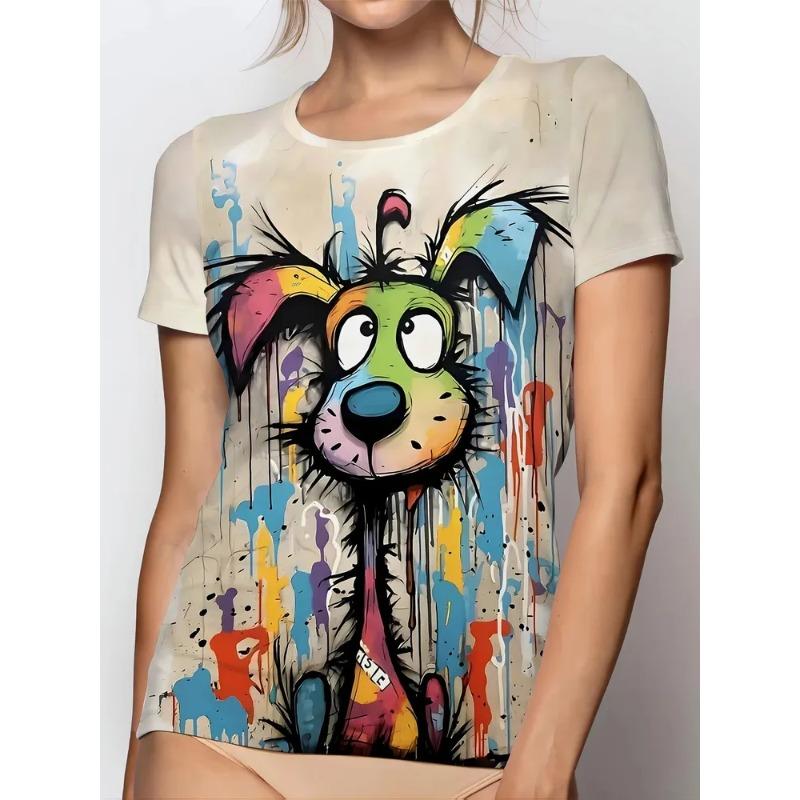 

Summer Round Neck 3D Colorful Cartoon Dog Print Top Fashionable Casual Short Sleeved Women s T-shirts 6XL