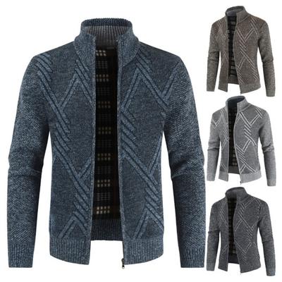 Stand Collar Long Sleeves Fleece Lining Sweater Coat Men Autumn Winter Geometric