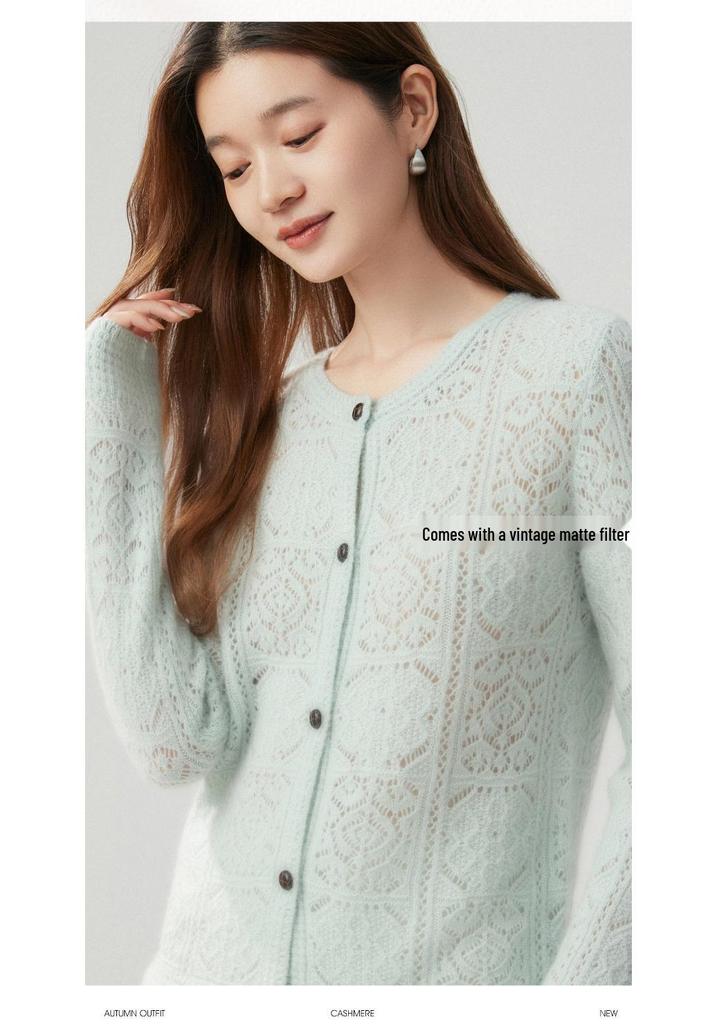 Round Neck Hollow Cashmere Cardigan - 2026 Autumn Women's Elegant Single-Breasted Versatile Warm Outerwear