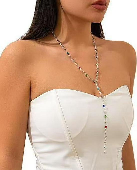 Colorful Rhinestone Y-Shaped Necklace with Faux Pearls & Tassel Sweater Chain