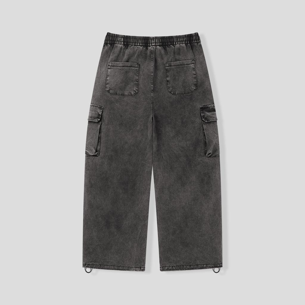 BLACK MOMENT Washed Cargo Elastic Waist Wide Pants [Khaki]
