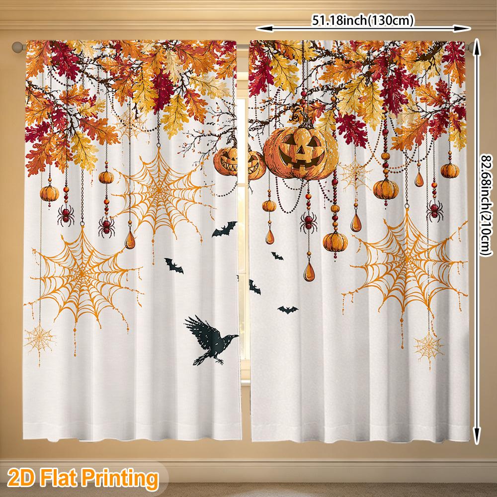 2PCS Halloween Fall Curtains, Pumpkin Spider Web Bat, Digital Print, Bedroom Living Room, Office, Kitchen, Dining Room