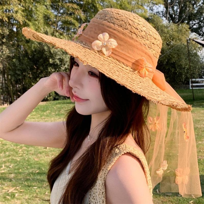 New French bow big brim straw hat women's spring summer seaside beach vacation wind shade sun protection hat