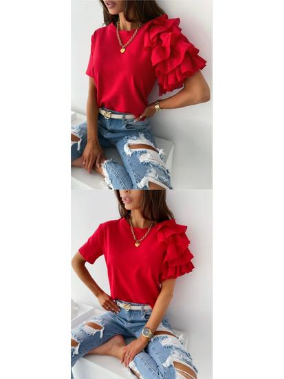 2026 Summer Fashion Women's Ruffle Short Sleeve Round Neck T-shirt, European and American Style