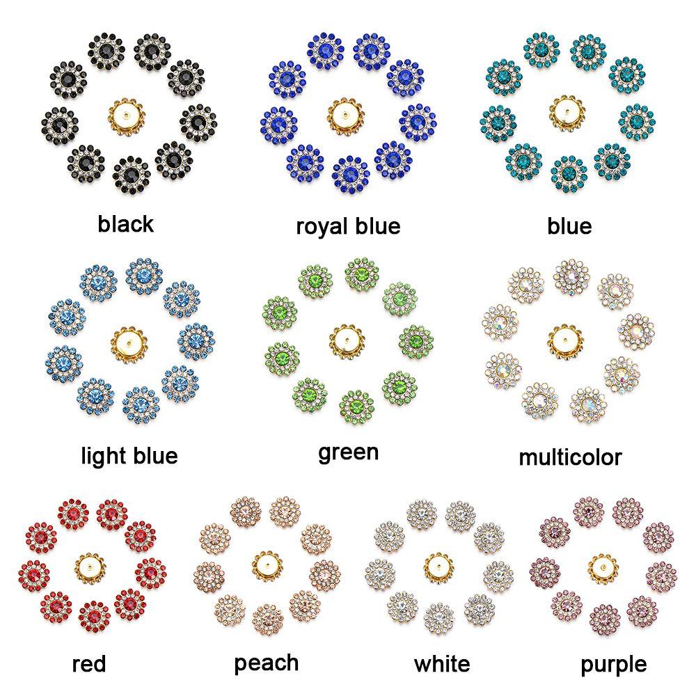 10PCS Flower-shaped Rhinestone Buttons 14mm Sparkling Crystal Glass Stone Steel Bottom Clothes Decoration DIY Sewing Accessories