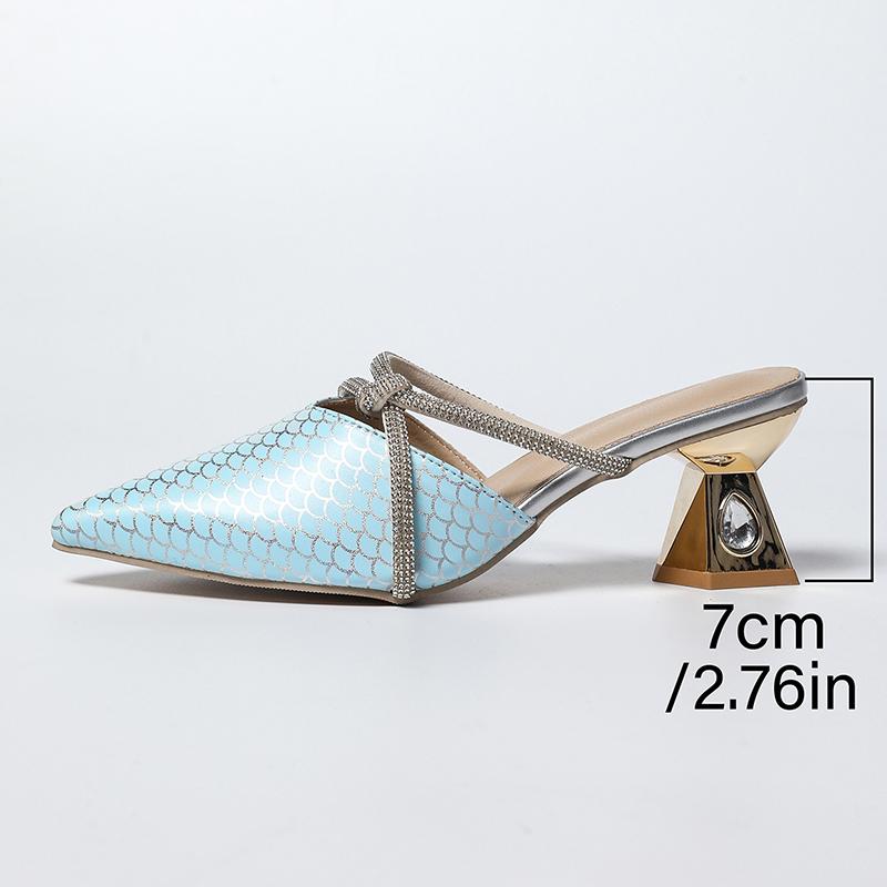 Fashion Luxury Sequins Pointed Toe Slippers Women Crystal Decor Heel Pu Leather Sandals Ladies Party Wedding Thick Sole Slides Mujer
