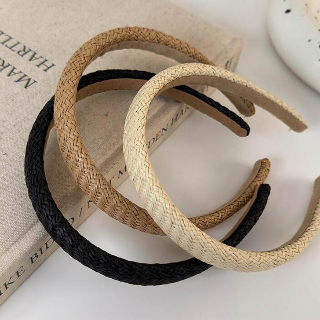 PROLY New Fashion Hairband For Women Narrow Side Headband Solid Color Handmade Straw Weaving Turban Casual Summer Headwear