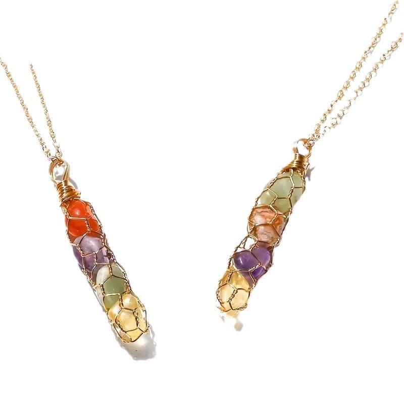 Natural Crystal Pendant Necklace With Rainbow Silk Wrap For Boho Style Jewelry