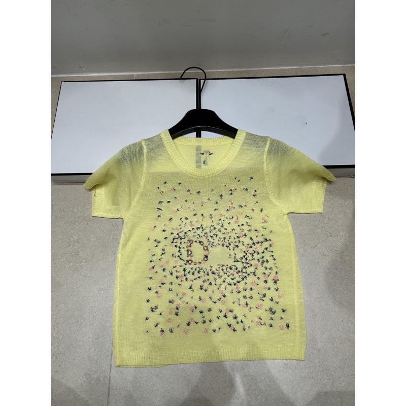 Embroidered Floral Knit Round Neck Short Sleeve Light Luxury Casual Top