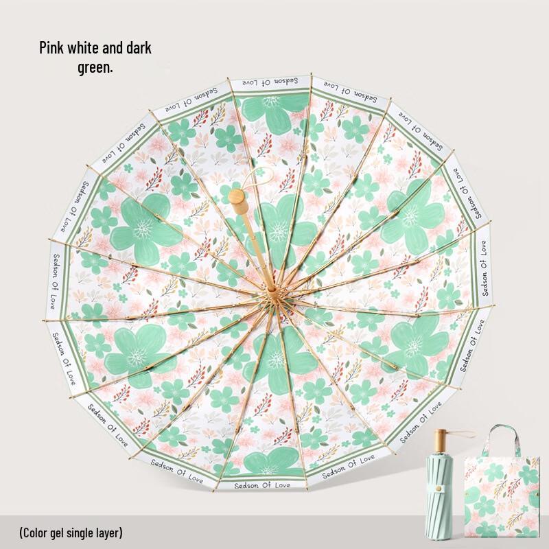 Retro Wood Handle 16-Rib Sun & Rain Umbrella