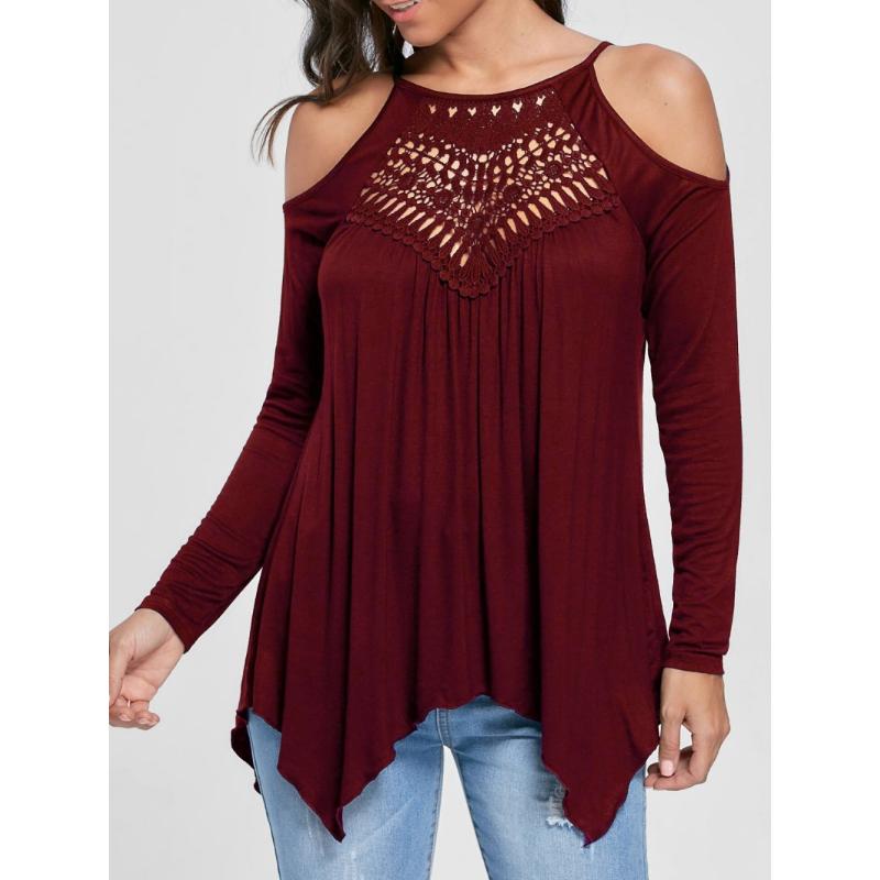 Damenbluse Frühling Herbst Mit Spitzenstichung Trägerlos Langärmliges T-Shirt Freizeit-Oberteile