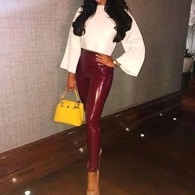 1Pc PU Leather Skinny Sheath Leather Pants Bright Solid Color Sexy Women's Hip Lifting