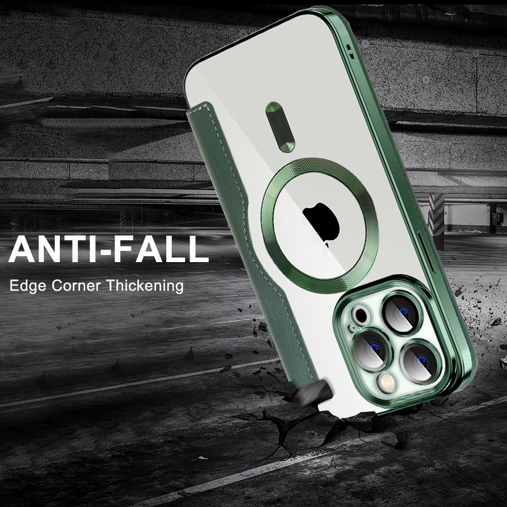 Leder Flip Cases für Magsafe Magnetisches kabelloses Laden für IPhone 14 Plus 13 12 11 Pro Max Lens Grass Wallet Card Slot Holder Cover