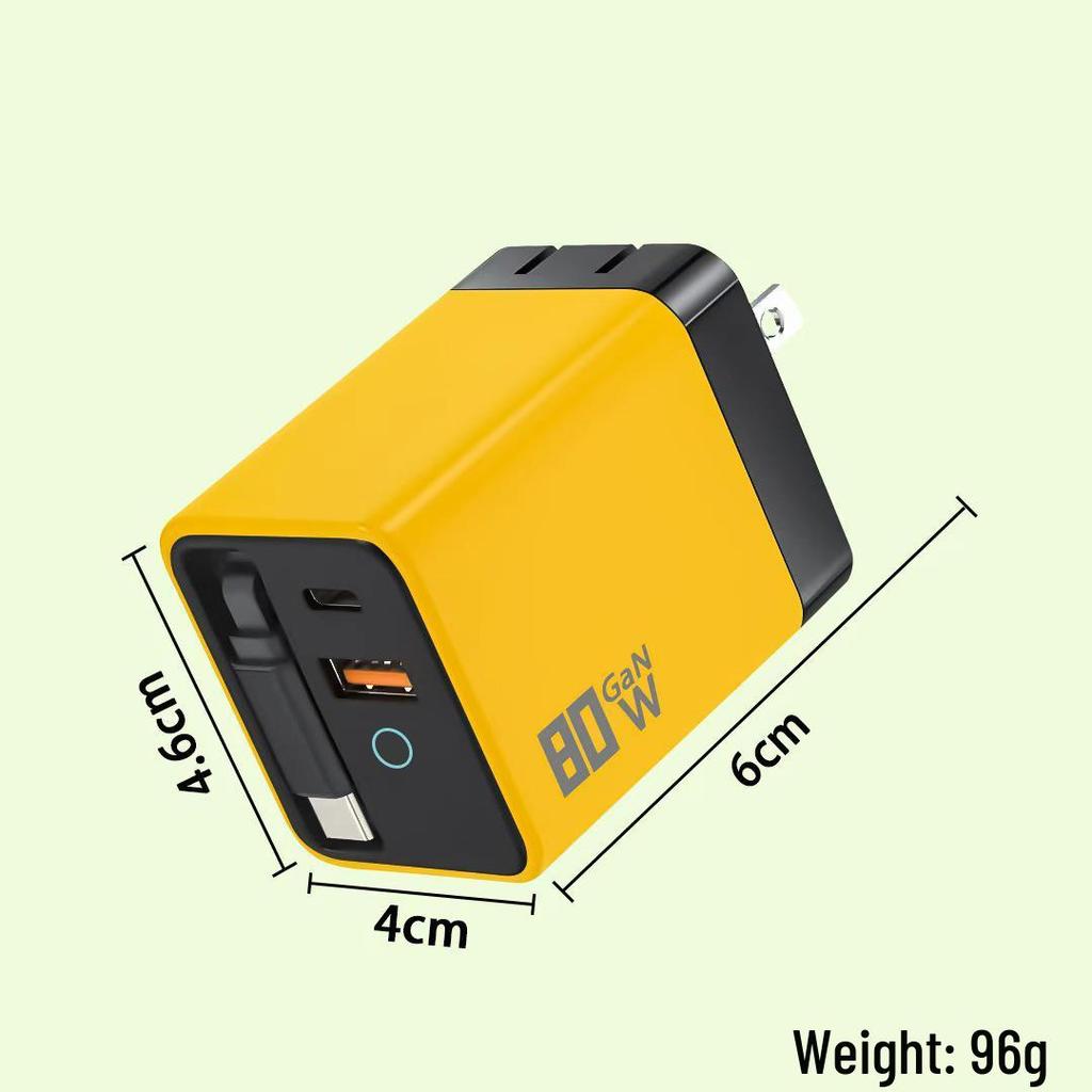 Dual Port Foldable GaN Charger with Retractable Cable for Fast Charging Apple, Huawei, Xiaomi Devices