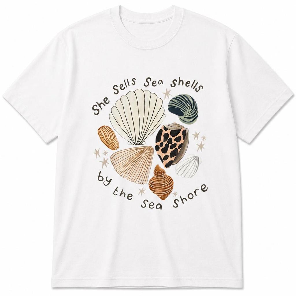 She Sells Sea Shells Graphic Tee, Coastal Beach Summer Shirt, Retro Ocean Lover Apparel