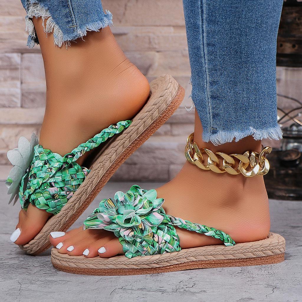Women Slippers New Fashion Sandals Casual Flat Vacation Braided Shoes Floral Pattern Toe Post Beach Slippers Slides Women