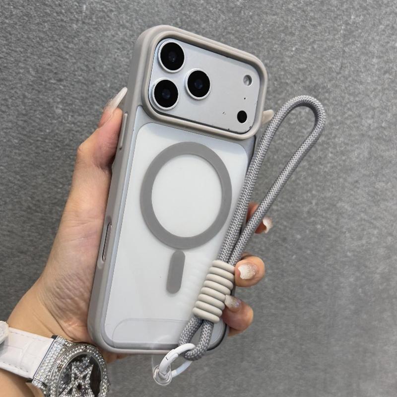 Luxusní magnetický kryt pro Magsafe pro iPhone 17 16 15 14 12 13 Pro Max 16 Plus 17Pro Air s řemínkem na ruku/zápěstí Průhledný zadní kryt