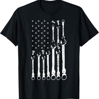 Mechanic Flag American Patriotic Car USA T Shirt - Men's Summer Cotton Graphic Tee
