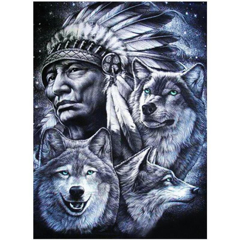 

5D DIY Алмазная картина Племенной старик и волк Алмазная вышивка Набор для вышивки крестом Полный горный хрусталь Мозаика Домашний декор Square 50x70cm