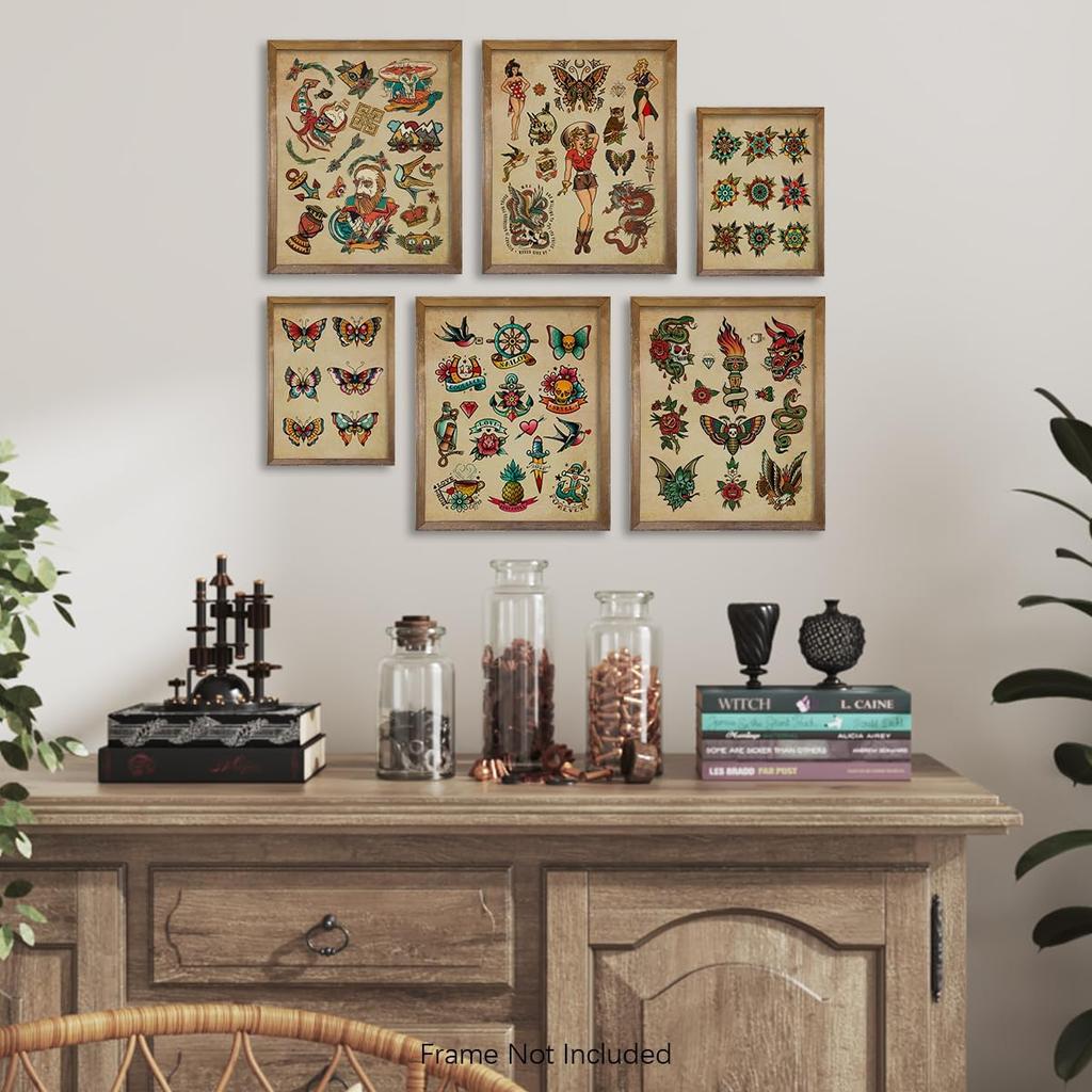 Tattoo Shop Wall Decoration - Old School Tattoo Pictures - Vintage Tattoo Poster Picture Set - Gift for Tattooist - Tattoo Flash Wall Art & Decor -