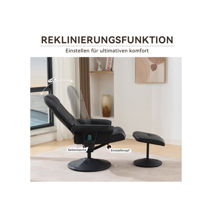 Fauteuil de massage avec fonction inclinable, chauffage et repose-pieds, fauteuil TV relax en tissu PU, rotation à 360°, noir