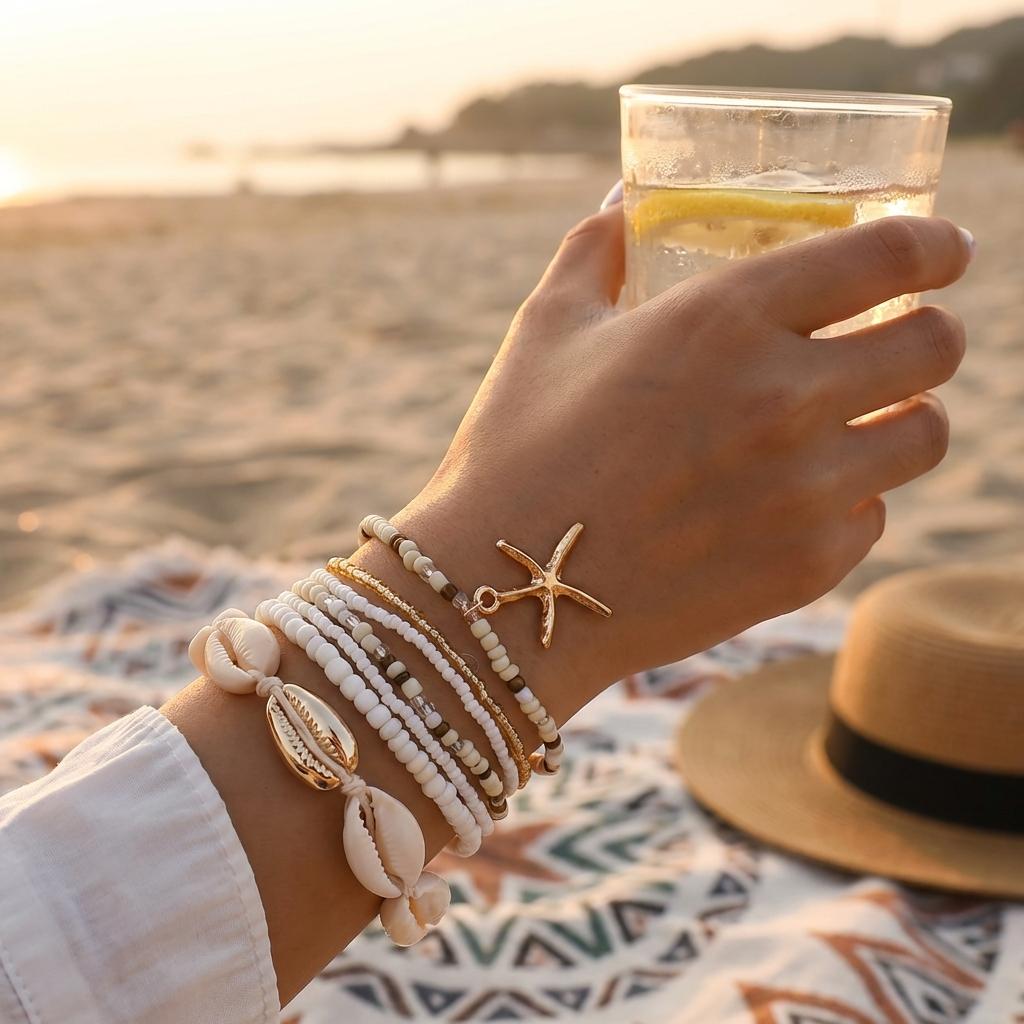 5Pcs/Set Bohemian White Shell Beaded Bracelets for Women Gold Color Starfish Charm Multilayer Elastic Hand Chain Beach Jewelry