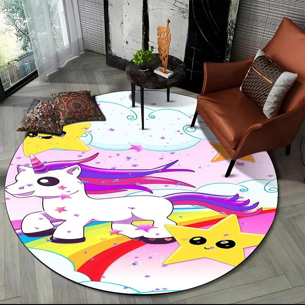 Unicorn Cartoon Animal Round Carpet Rug for Living Room Children's Bedroom Sofa Decor,Kid Paly Game Area Rug Non-slip Floor Mat