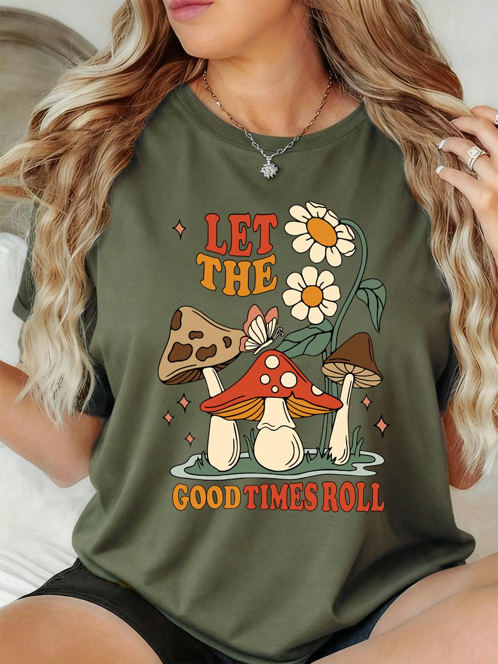

Mushroom Let The Good Thing Prints TShirts Women Casual ONeck Short Sleeve Tops Soft Loose T Shirt Summer Basic Womans Clothes S