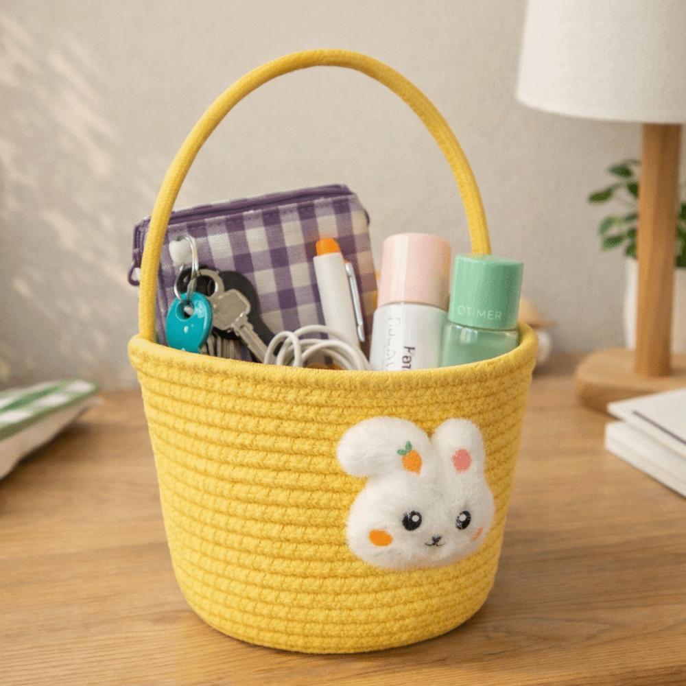 Cartoon Easter Gift Basket Hand-Woven Cotton Thread Gift Storage Basket Multi-Purpose Long Handle Tote Basket Home Decor
