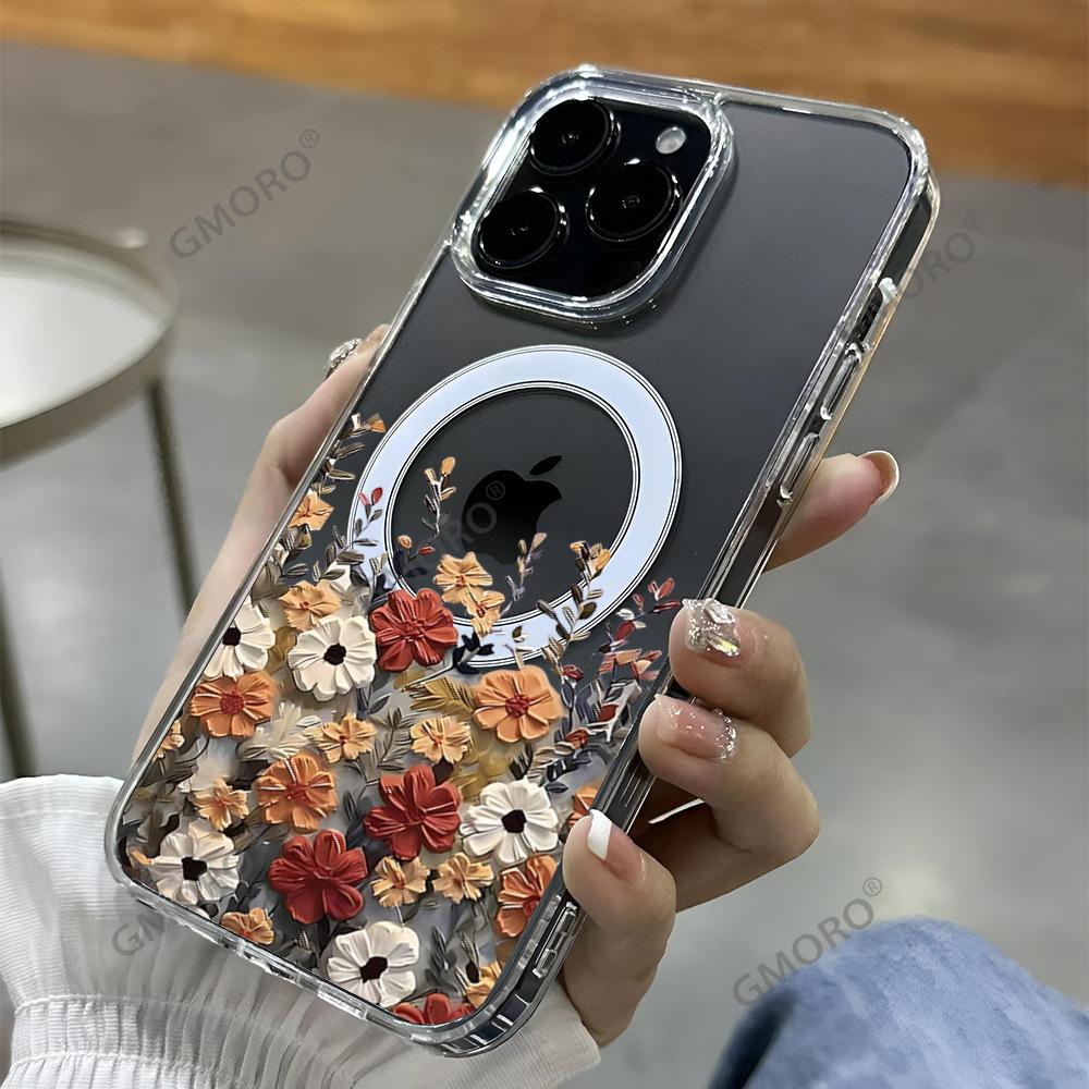 Retro floral MagSafe magnetic transparent mobile phone case iPhone15 anti-drop hard case protective case Apple 17Pro