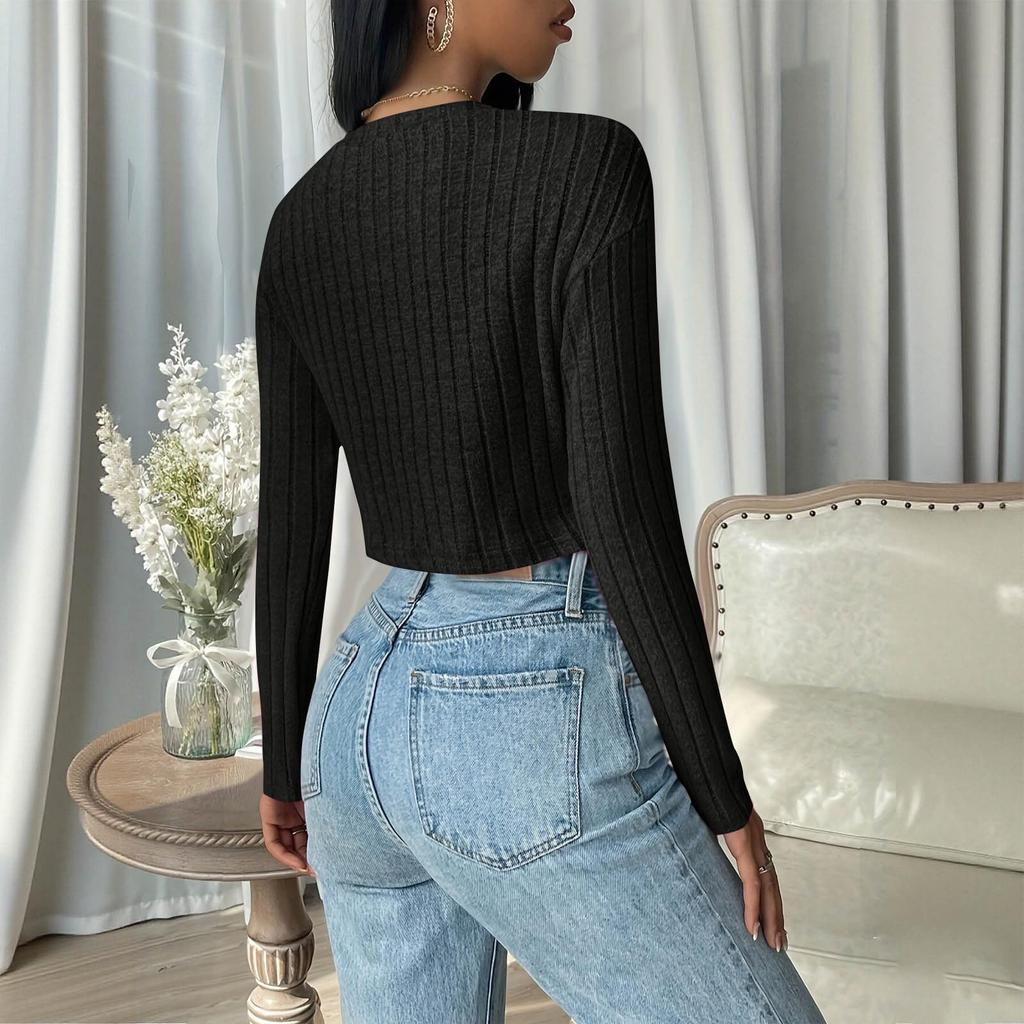 Women's Fashionable Solid Color Round Neck Long Sleeved Casual T-shirt Casual Top