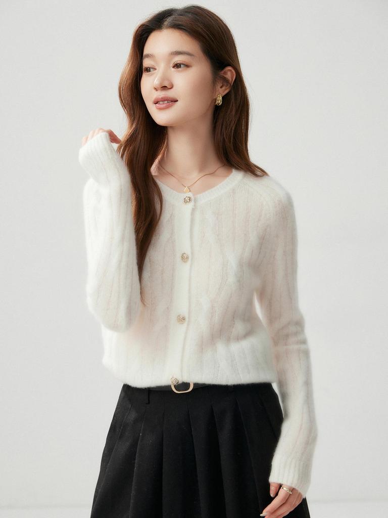 Women's Round Neck Button-Up Cardigan: 75% Cashmere, 25% Mulberry Silk, Cable Knit, Long Sleeve Sweater Coat