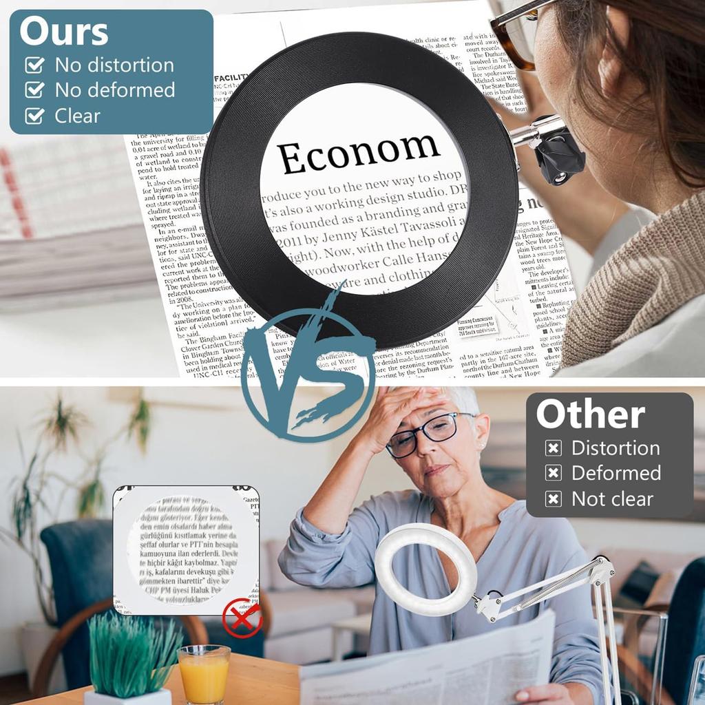 10X Magnifying Glass with Light and Clamp, Veemagni 3 Color Modes Stepless Dimmable Real Glass LED Lighted Magnifier, Adjustable Swing Arm Desk Lamp
