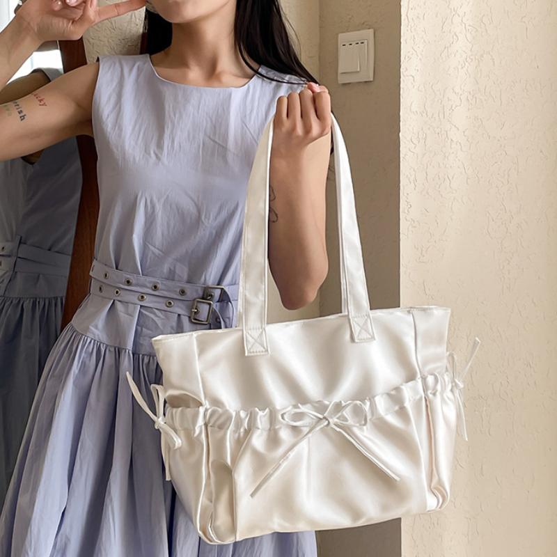 Sweet Ballet Style Girl Tote Ruched Bow Chic Student Preppy Style Shoulder Bag Large Capacity Cute Elegant Handbag