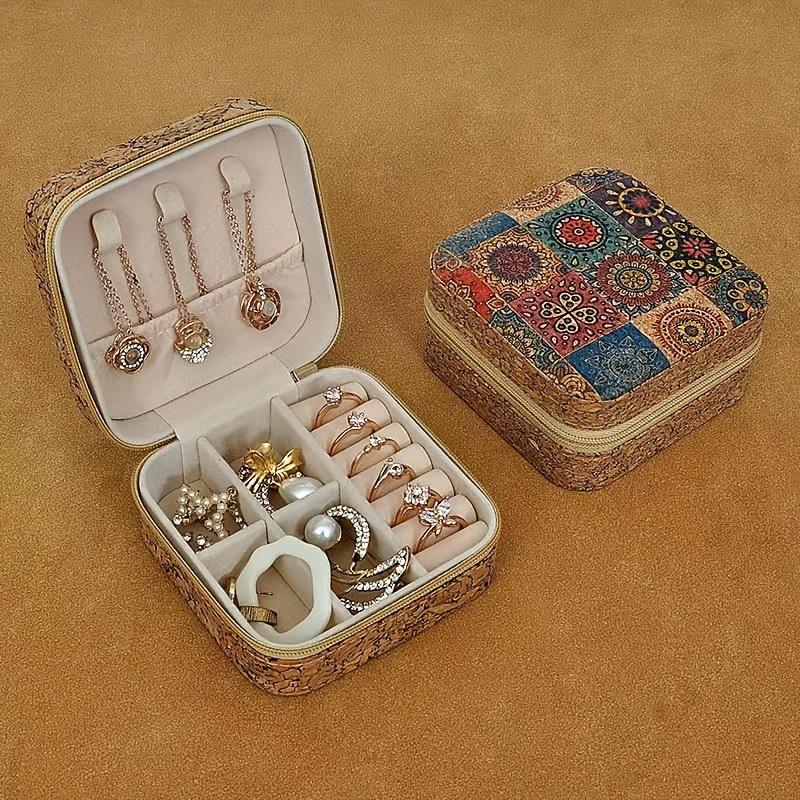 

Vintage European Floral Print Cork Jewelry Box - Zipper Closure, Multi-Compartment Soft-Lined Interior for Travel & Home Decor Storage, Jewelry Boxes Mysterious Flower Stamen