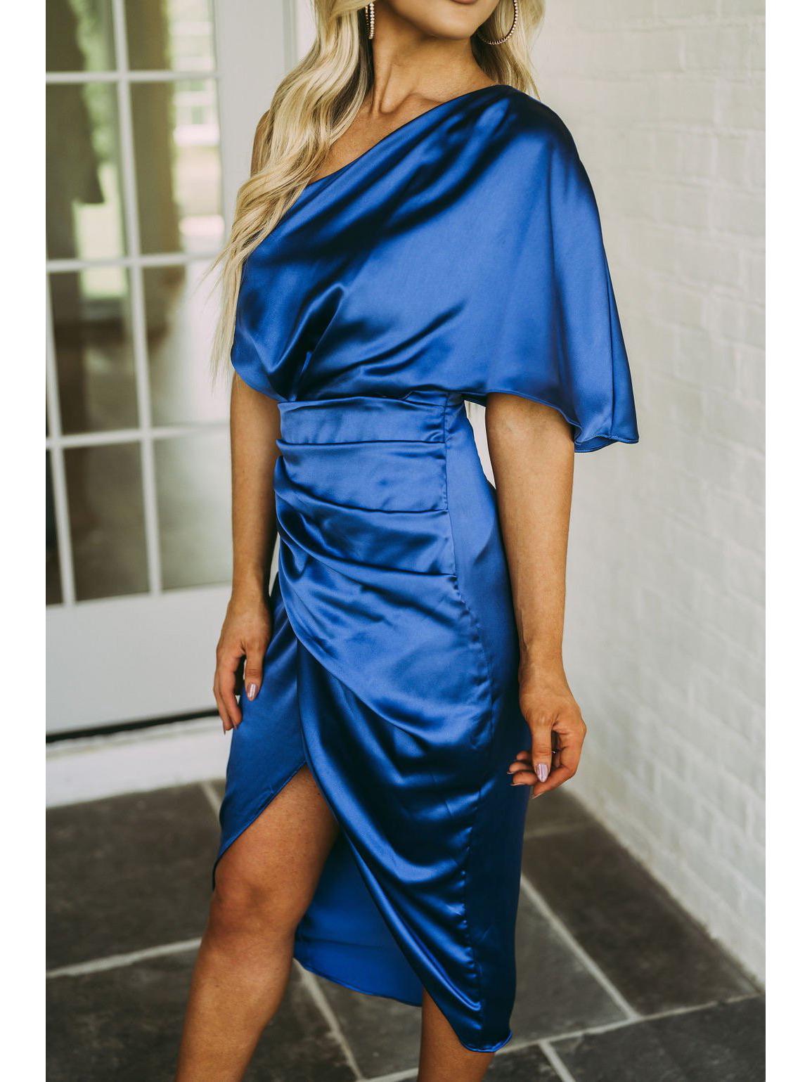 

2021 Сексуальное вечернее платье на одно плечо с асимметричным подолом для женщин L темно-синий