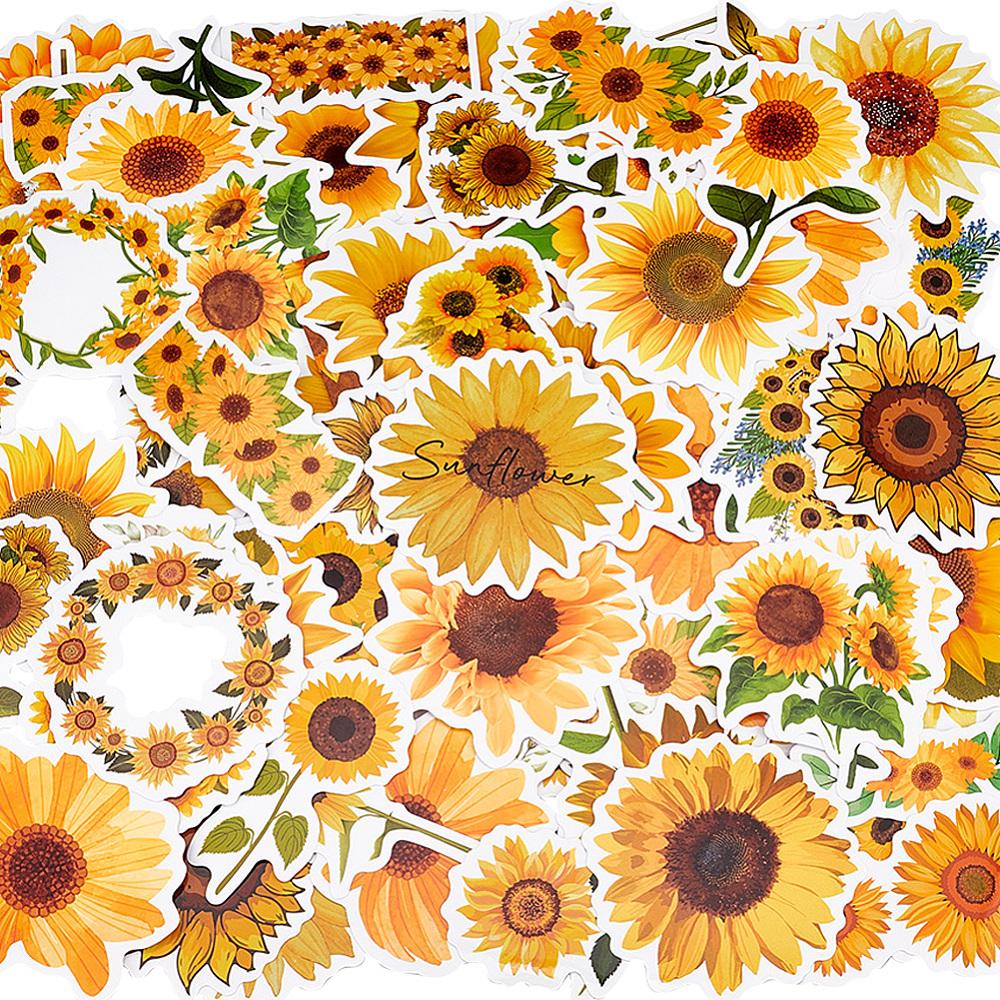 1box Waterproof PVC Self-Adhesive Stickers for Suitcase Skateboard Refrigerator Helmet Mobile Phone Shell Sunflower Pattern 60~80mm 100pcs/box