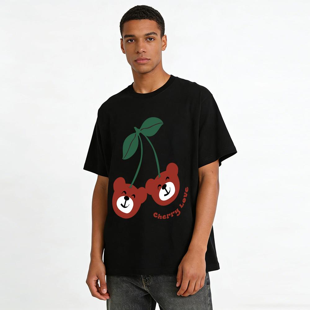 Cute Bear Cherry Print Casual Top Unisex Loose T-shirt Fun Childlike Style Daily Versatile Tee Pure cotton T-shirt