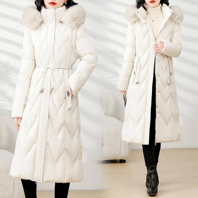Live-sleeved removable hat, big fur collar, foreign-style cotton-padded jacket for women, this winter's new medium and long slim-fitting waist cotton-