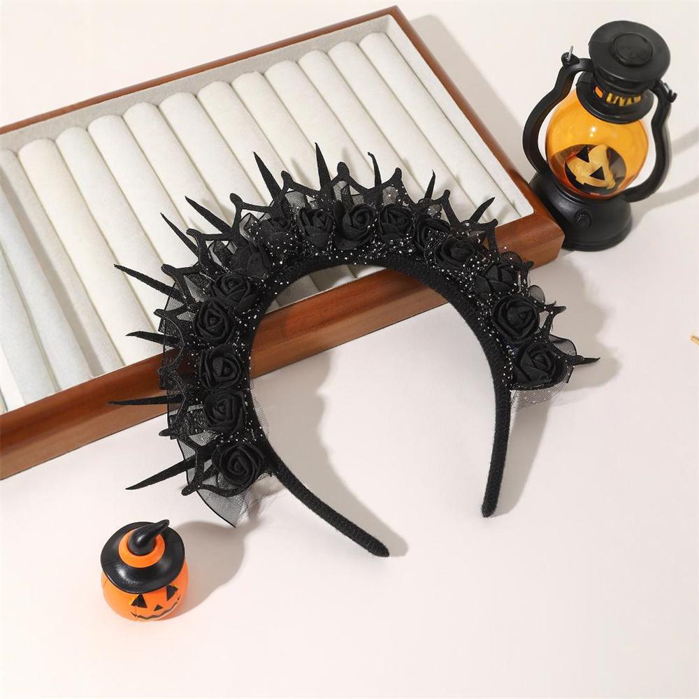 Schwarze Rosen-Spitzenkrone Stirnband für Damen Mädchen Hexe Haarband Halloween Party Cosplay Kostüm Kopfschmuck Zubehör