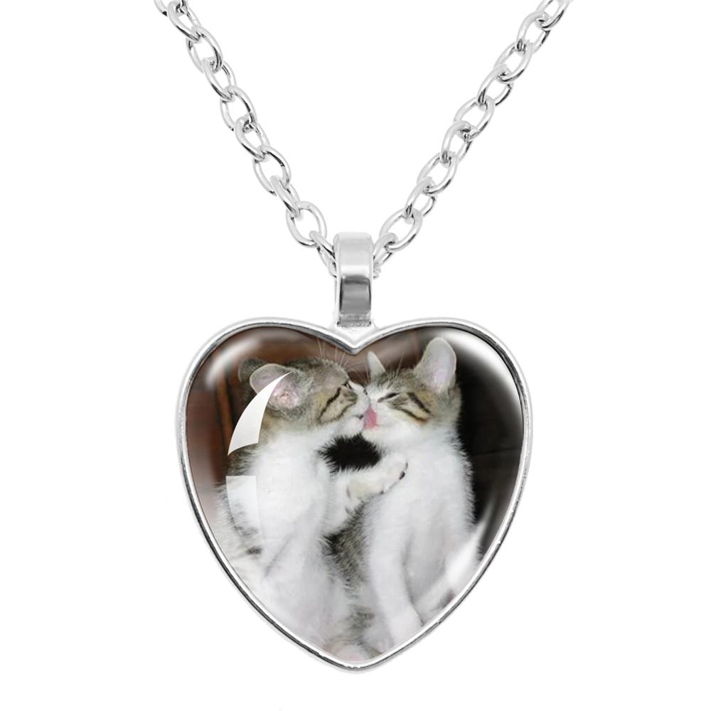 Gepersonaliseerde Kitten Kat Hart Hanger Ketting Dier Vorm Kunst Foto Glas Cabochon Sieraden Kinderen En Vrouwen