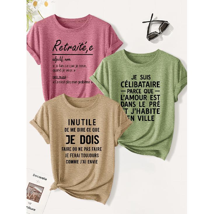 3 Pack of women's summer tops | French Retirement Humor Print T Shirt | Cute and trendy casual round-neck short-sleeve suit | 2026 Summer vintage