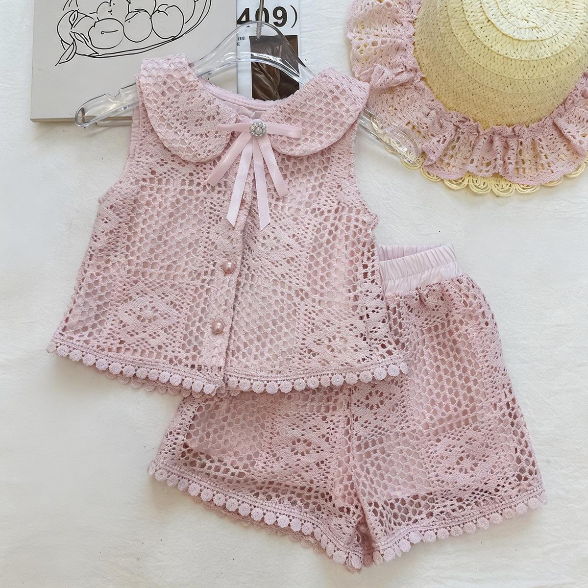Girls Lace Doll Collar Bow Sleeveless Top & Elastic Waist Shorts Set 130cm