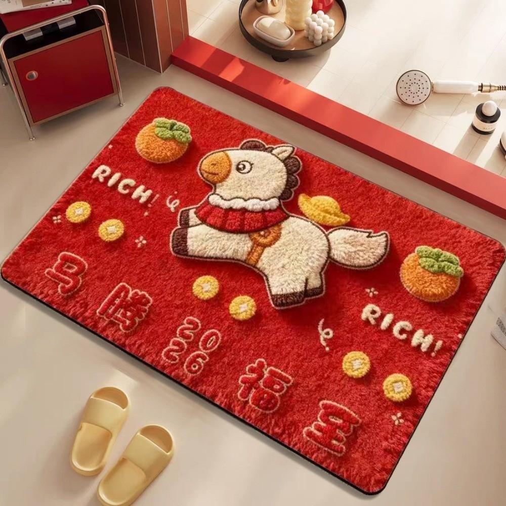 Quick Dry Horse Floor Mat Non-slip New Year Theme Bath Mat Soft Texture Blessing Words Floor Protection Mat for 2026 New Year