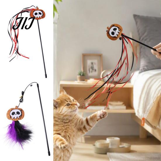 Spooky Spider Pumpkin Skull Toys Halloween Cat Wand Toy, Interactive Toy with Feathers And Bell, Designs, Ribbon for Indoor Cats Lightweight