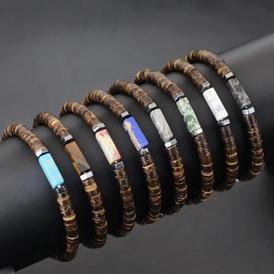 Neues Armband aus natürlicher Kokosnussschale für Männer, Premium-Tigeraugen, schwarzer Blitz-Edelstein, Stretch-Perlenarmband, Yoga-Holzarmband