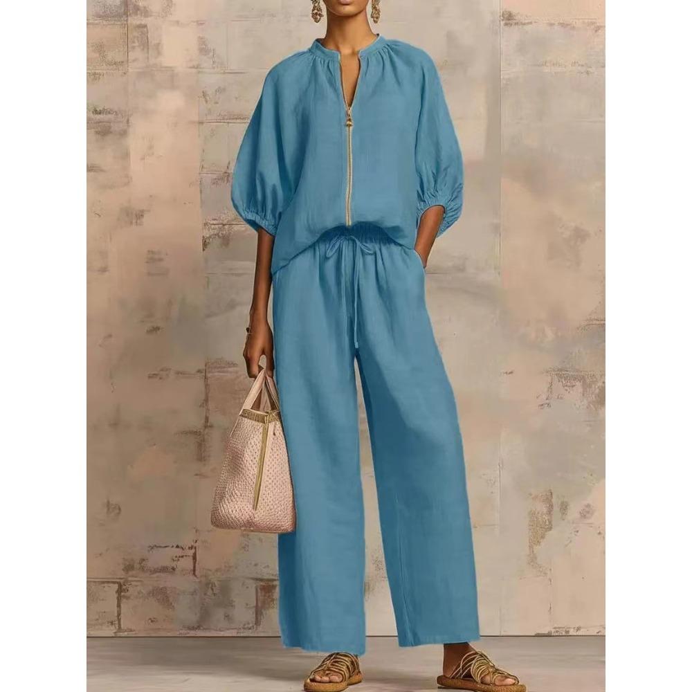 

Summer, Europe, America, women s clothing, casual loose solid color zipper round neck wide-leg pants suit for women 3XL peacock синього кольору