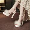 9696-1 Women's Fairy Style Temperament High Heel Sandals with Furry Strap and Thick Heel