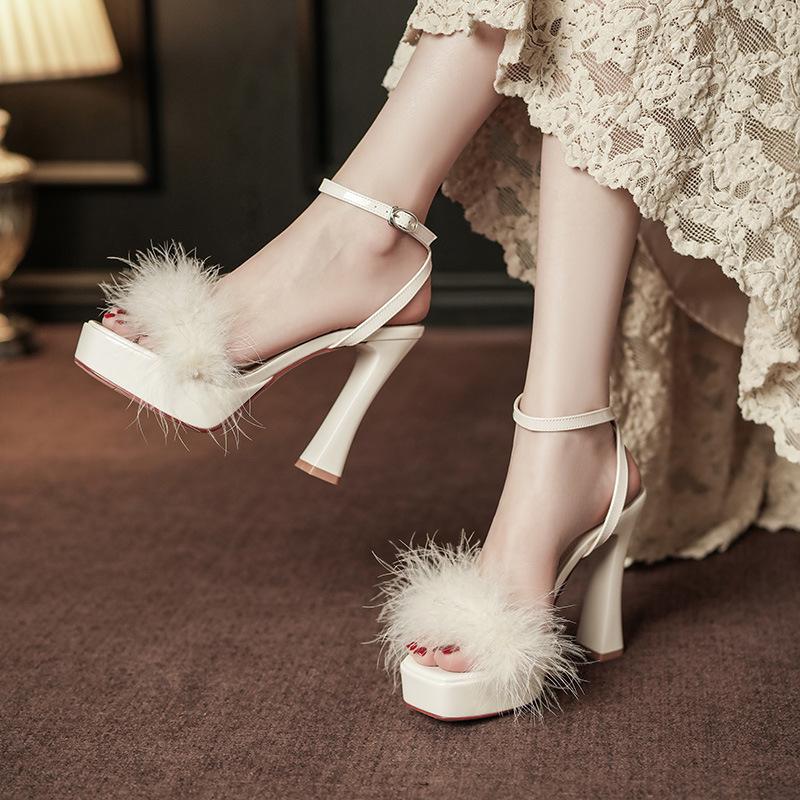 9696-1 Women's Fairy Style Temperament High Heel Sandals with Furry Strap and Thick Heel